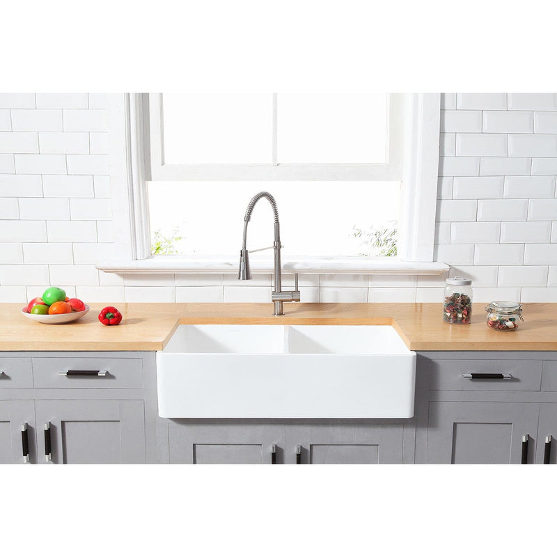 Arcticstone 36-Inch Solid Surface White Stone Apron-Front Double Bowl Farmhouse Kitchen Sink with Strainers x 2