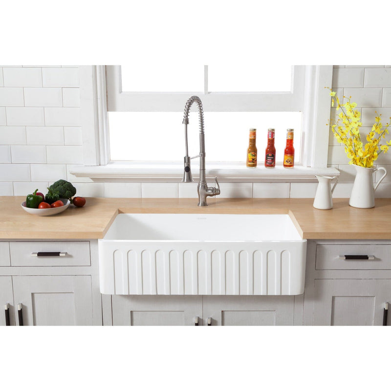 Arcticstone 36-Inch Solid Surface White Stone Apron-Front Single Bowl Farmhouse Kitchen Sink with Strainer