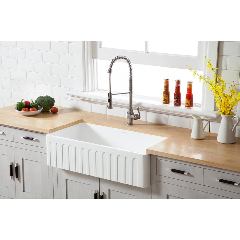 Arcticstone 36-Inch Solid Surface White Stone Apron-Front Single Bowl Farmhouse Kitchen Sink with Strainer