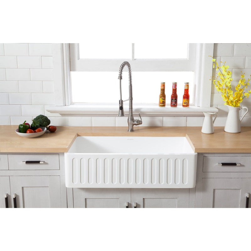 Arcticstone 36-Inch Solid Surface White Stone Apron-Front Single Bowl Farmhouse Kitchen Sink with Strainer