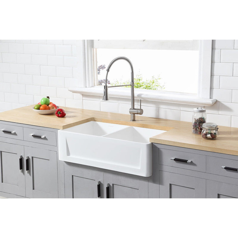 Arcticstone 36-Inch Solid Surface White Stone Apron-Front Double Bowl Farmhouse Kitchen Sink with Strainers x 2