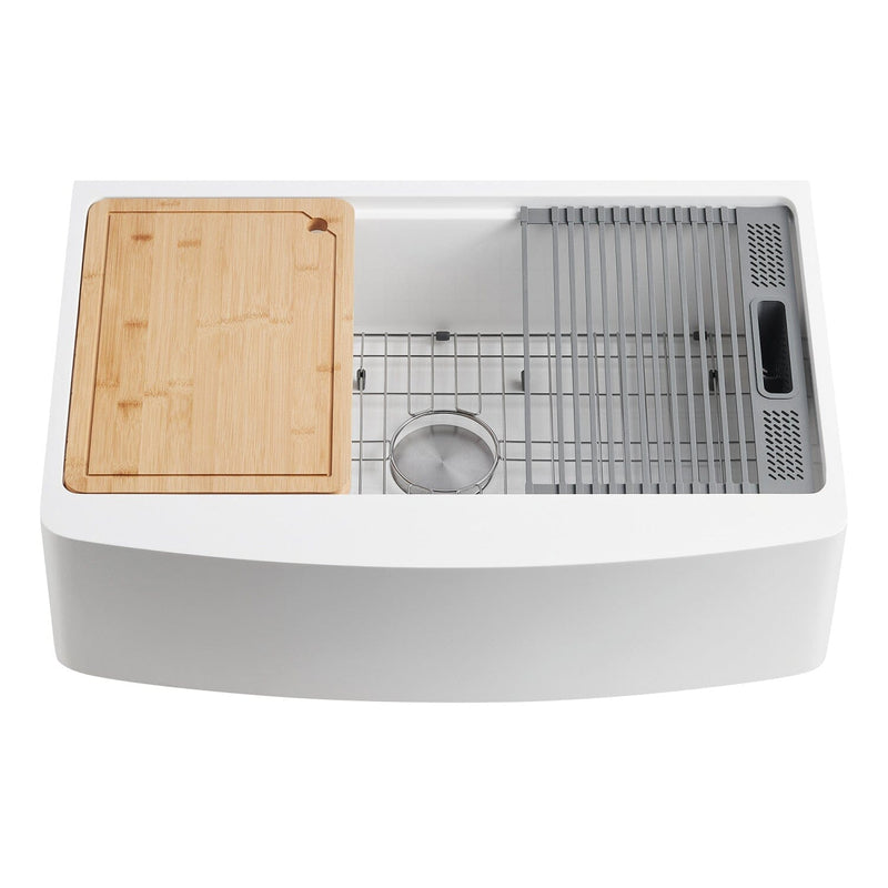 Miranda 36-Inch Solid Surface White Stone Apron-Front Single Bowl Farmhouse Kitchen Sink with 6-Piece Kitchen Accessory Set