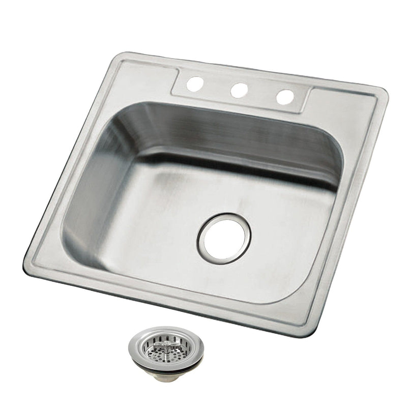 Carefree 25-Inch Stainless Steel Self-Rimming Single Bowl Drop-In Kitchen Sink (3-Hole) with Strainer