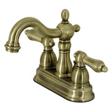 Heritage Two-Handle 3-Hole Deck Mount 4" Centerset Bathroom Faucet with Plastic Pop-Up