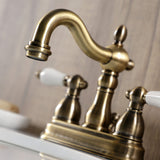 Heritage Two-Handle 3-Hole Deck Mount 4" Centerset Bathroom Faucet with Plastic Pop-Up