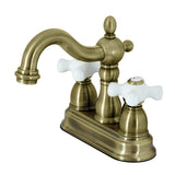 Heritage Two-Handle 3-Hole Deck Mount 4" Centerset Bathroom Faucet with Plastic Pop-Up