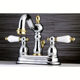 Heritage Two-Handle 3-Hole Deck Mount 4" Centerset Bathroom Faucet with Plastic Pop-Up