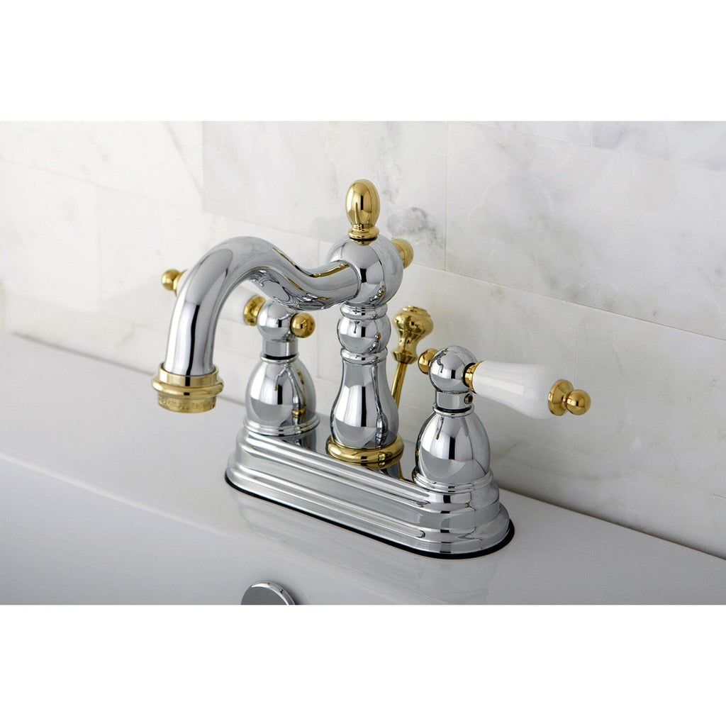 Heritage Two-Handle 3-Hole Deck Mount 4" Centerset Bathroom Faucet with Plastic Pop-Up