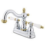 Heritage Two-Handle 3-Hole Deck Mount 4" Centerset Bathroom Faucet with Plastic Pop-Up