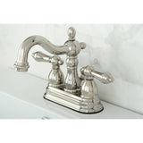 Heritage Two-Handle 3-Hole Deck Mount 4" Centerset Bathroom Faucet with Plastic Pop-Up