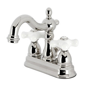 Heritage Two-Handle 3-Hole Deck Mount 4" Centerset Bathroom Faucet with Plastic Pop-Up