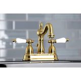 Heritage Two-Handle 3-Hole Deck Mount 4" Centerset Bathroom Faucet with Plastic Pop-Up