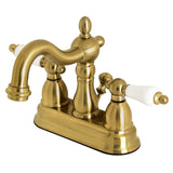 Heritage Two-Handle 3-Hole Deck Mount 4" Centerset Bathroom Faucet with Plastic Pop-Up