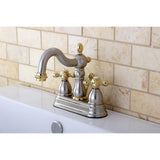 Heritage Two-Handle 3-Hole Deck Mount 4" Centerset Bathroom Faucet with Plastic Pop-Up