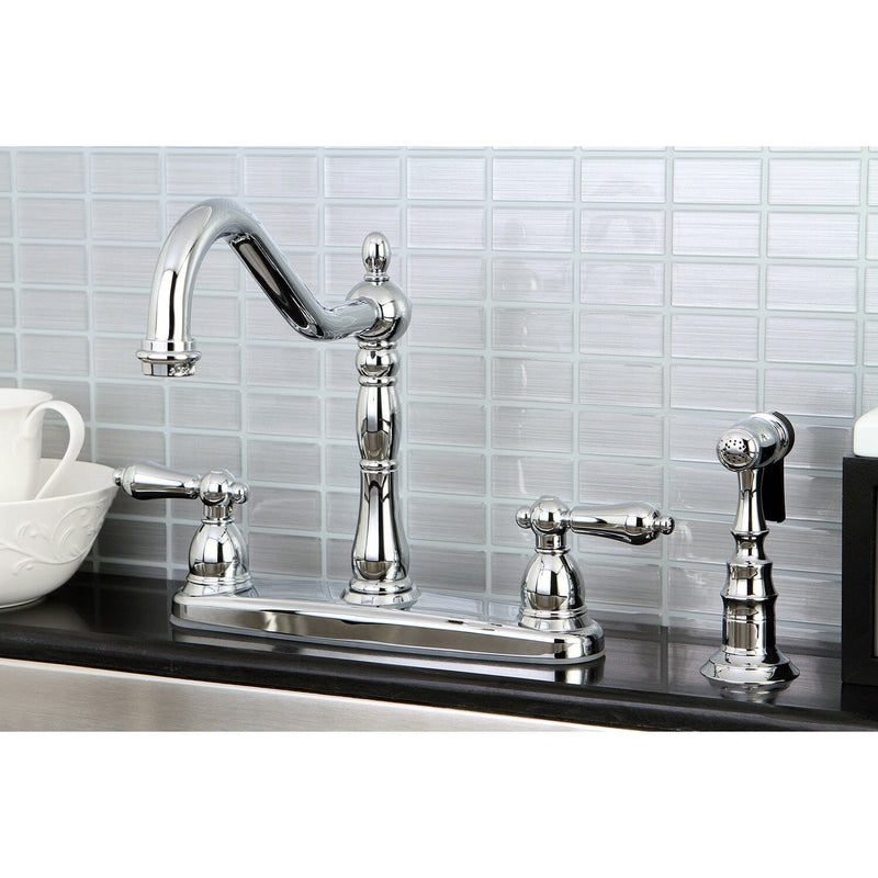 Heritage Two-Handle 4-Hole 8" Centerset Kitchen Faucet with Brass Sprayer