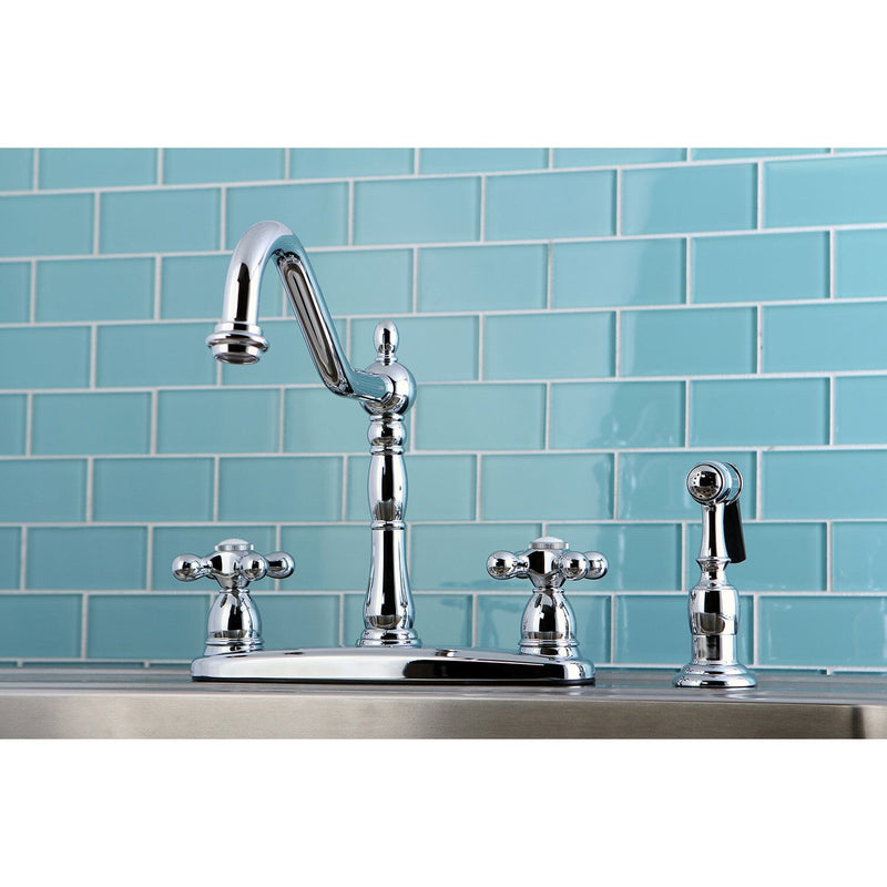 Heritage Two-Handle 4-Hole 8" Centerset Kitchen Faucet with Brass Sprayer