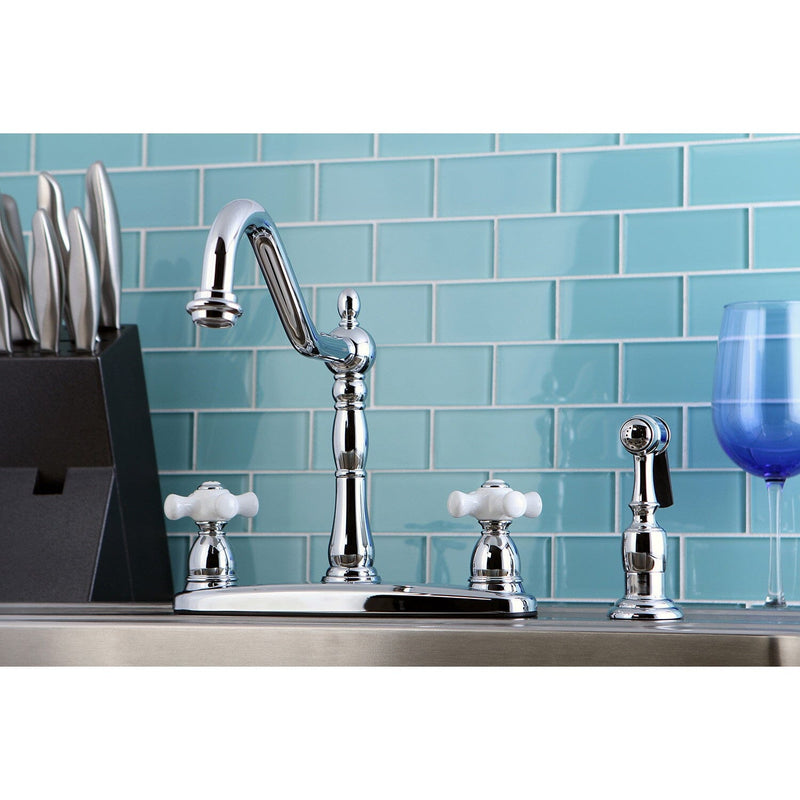 Heritage Two-Handle 4-Hole 8" Centerset Kitchen Faucet with Brass Sprayer