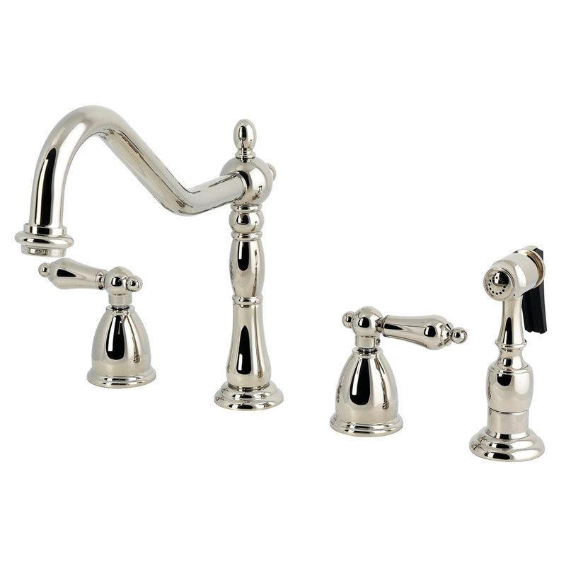 Heritage Double-Handle 4-Hole Widespread Kitchen Faucet with Brass Sprayer
