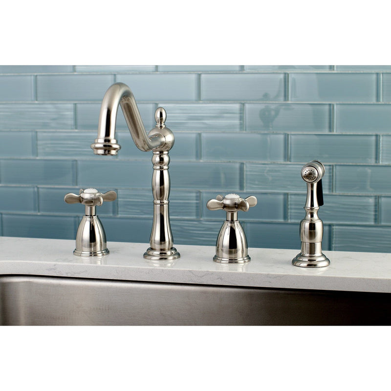 Essex Double-Handle 4-Hole Widespread Kitchen Faucet with Brass Sprayer