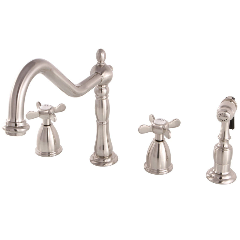 Essex Double-Handle 4-Hole Widespread Kitchen Faucet with Brass Sprayer