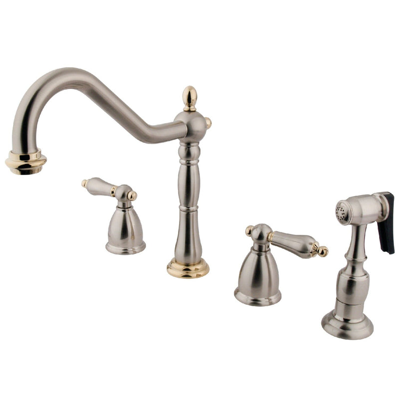Heritage Double-Handle 4-Hole Widespread Kitchen Faucet with Brass Sprayer