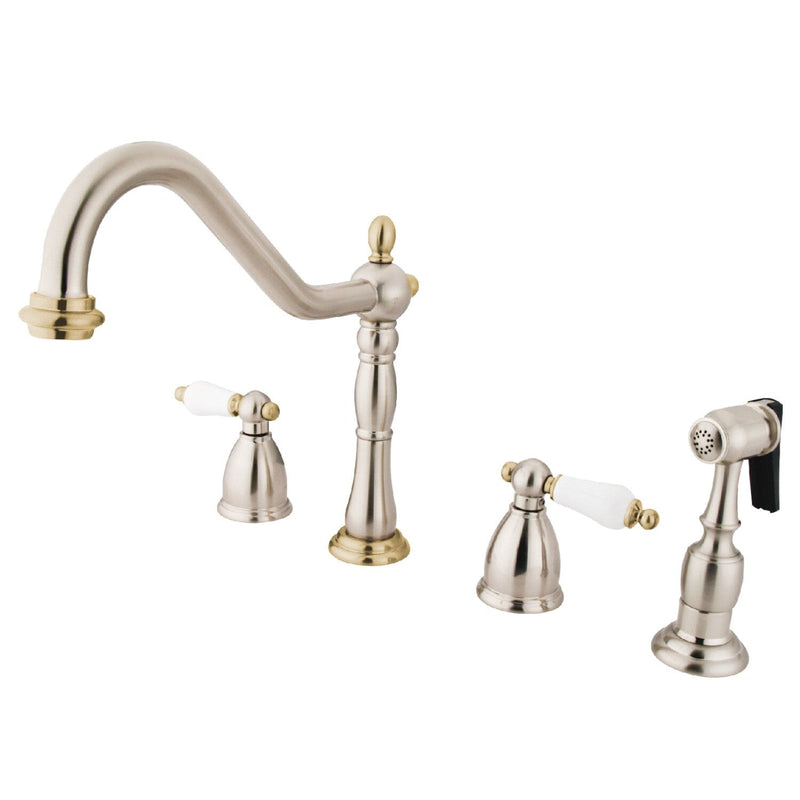 Heritage Double-Handle 4-Hole Widespread Kitchen Faucet with Brass Sprayer