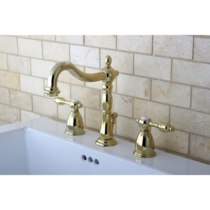 Tudor Two-Handle 3-Hole Deck Mount Widespread Bathroom Faucet with Brass Pop-Up