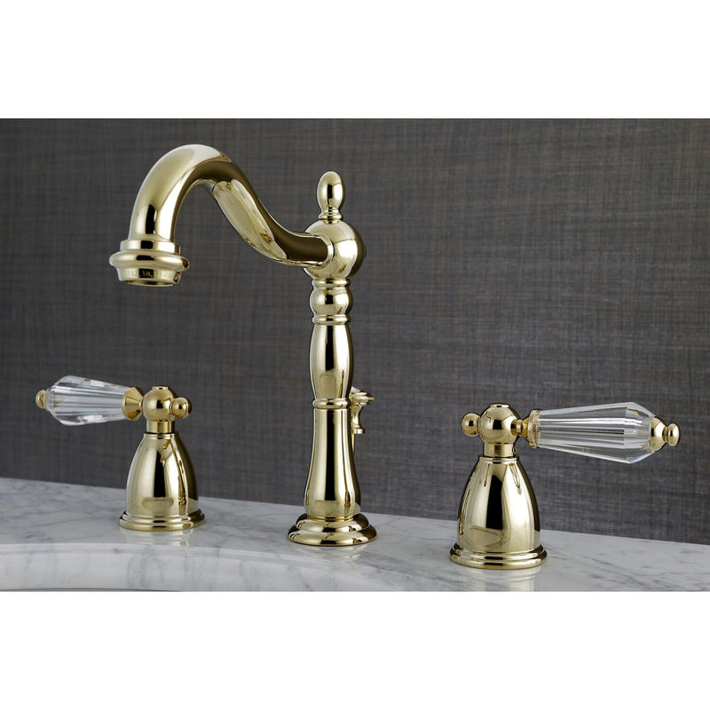 Wilshire Two-Handle 3-Hole Deck Mount Widespread Bathroom Faucet with Brass Pop-Up