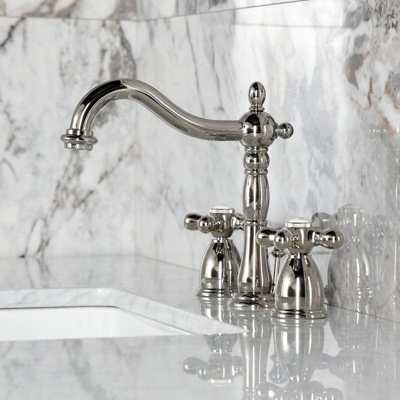 Heritage Two-Handle 3-Hole Deck Mount Widespread Bathroom Faucet with Brass Pop-Up