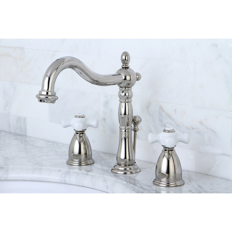 Heritage Two-Handle 3-Hole Deck Mount Widespread Bathroom Faucet with Brass Pop-Up