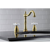 Heritage Two-Handle 3-Hole Deck Mount Widespread Bathroom Faucet with Brass Pop-Up