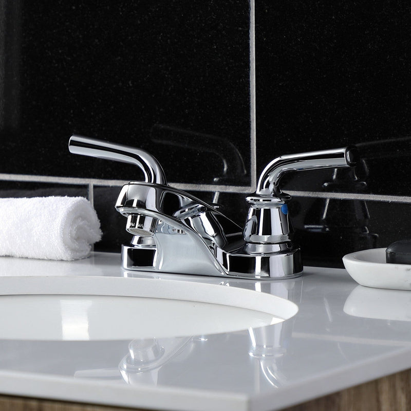 Restoration Double-Handle 3-Hole Deck Mount 4-Inch Centerset Bathroom Faucet with Brass Pop-Up