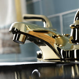 Restoration Double-Handle 3-Hole Deck Mount 4-Inch Centerset Bathroom Faucet with Brass Pop-Up