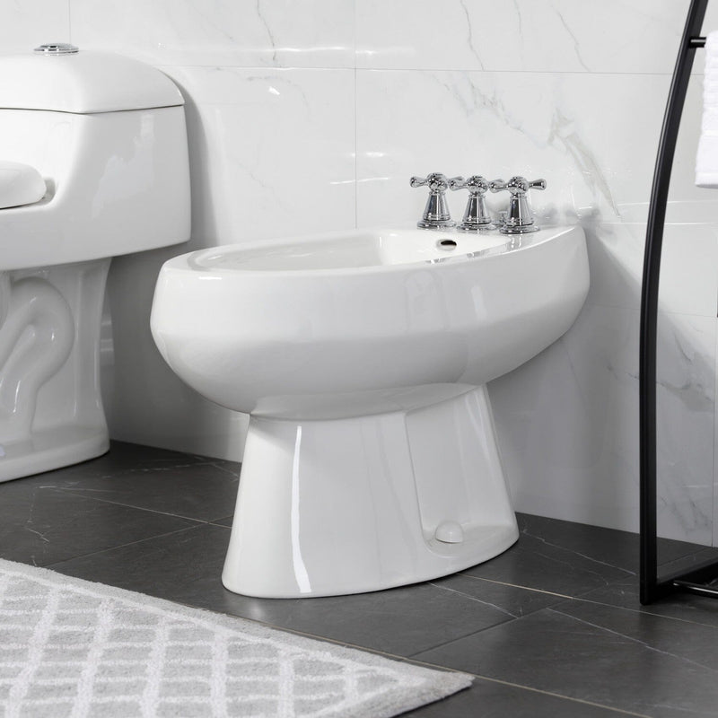 Victorian Three-Handle Deck Mount Vertical Spray Bidet Faucet with Brass Pop-Up