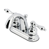 Restoration Two-Handle 3-Hole Deck Mount 4" Centerset Bathroom Faucet with Plastic Pop-Up