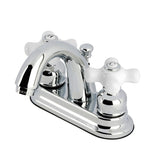 Restoration Two-Handle 3-Hole Deck Mount 4" Centerset Bathroom Faucet with Plastic Pop-Up