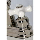 Restoration Two-Handle 3-Hole Deck Mount 4" Centerset Bathroom Faucet with Plastic Pop-Up