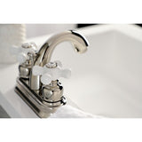 Restoration Two-Handle 3-Hole Deck Mount 4" Centerset Bathroom Faucet with Plastic Pop-Up