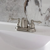 Restoration Two-Handle 3-Hole Deck Mount 4" Centerset Bathroom Faucet with Plastic Pop-Up