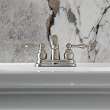 Restoration Two-Handle 3-Hole Deck Mount 4" Centerset Bathroom Faucet with Plastic Pop-Up