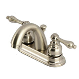 Restoration Two-Handle 3-Hole Deck Mount 4" Centerset Bathroom Faucet with Plastic Pop-Up