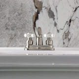 Restoration Two-Handle 3-Hole Deck Mount 4" Centerset Bathroom Faucet with Plastic Pop-Up