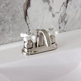 Restoration Two-Handle 3-Hole Deck Mount 4" Centerset Bathroom Faucet with Plastic Pop-Up