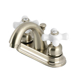 Restoration Two-Handle 3-Hole Deck Mount 4" Centerset Bathroom Faucet with Plastic Pop-Up