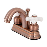 Restoration Two-Handle 3-Hole Deck Mount 4" Centerset Bathroom Faucet with Plastic Pop-Up