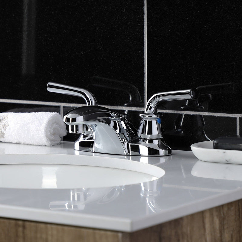 Restoration Double-Handle 3-Hole Deck Mount 4-Inch Centerset Bathroom Faucet with Brass Pop-Up