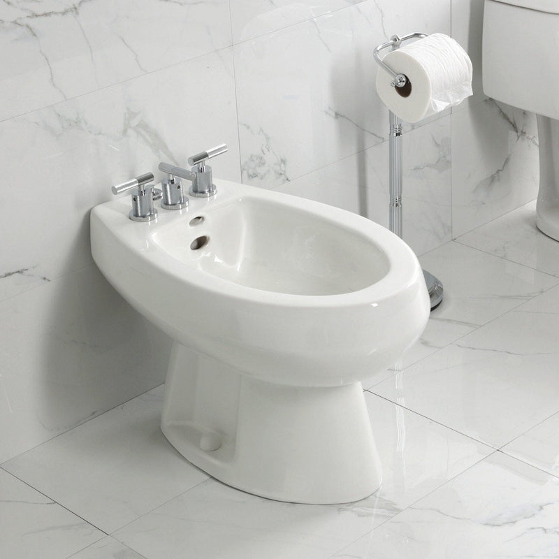 Convergent Three-Handle Deck Mount Bidet Faucet with Knurled Handle and Brass Pop-Up