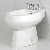 Convergent Three-Handle Deck Mount Bidet Faucet with Knurled Handle and Brass Pop-Up
