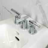 Convergent Three-Handle Deck Mount Bidet Faucet with Knurled Handle and Brass Pop-Up