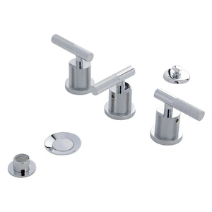 Convergent Three-Handle Deck Mount Bidet Faucet with Knurled Handle and Brass Pop-Up